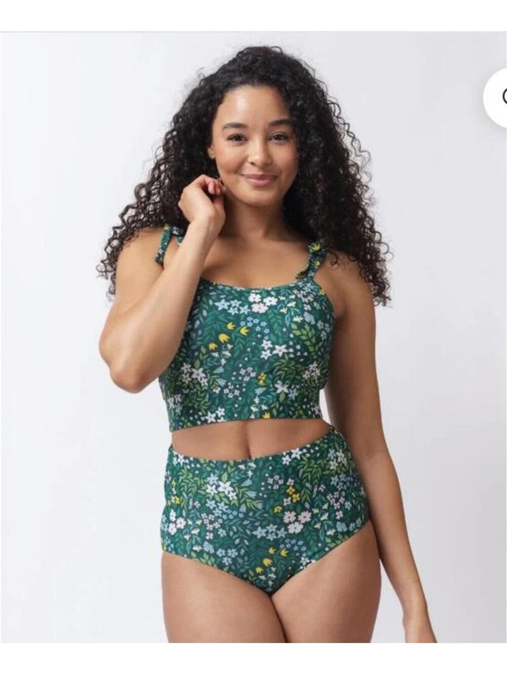 Lime Ricki COTTAGE FLORAL/ BASIL REVERSIBLE BOTTOM &  SHOULDER-TIE CROP TOP